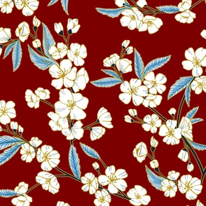 White Blossom Garden - Oriental Red and Blue - Large Scale 