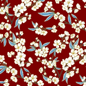 White Blossom Garden - Oriental Red and Blue - Medium Scale 
