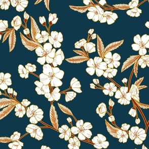 White Blossom Garden - Rustic and Navy - Large Scale 