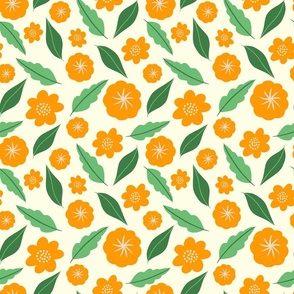 Boho Floral Pattern No.1 Orange Flowers And Green Leaves