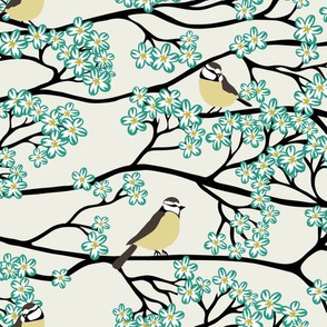 Bluetits and Blossoms Teal and Mustard