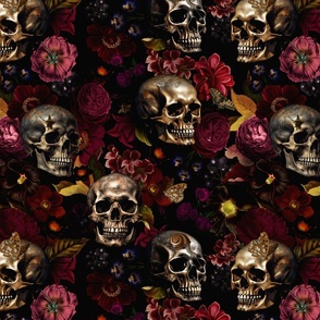 Antique Nightfall: A Vintage Floral halloween aesthetic goth wallpaper Pattern with Skulls and Mystical  Hand Painted Dark Red English Rose Flowers on black