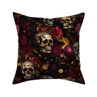 14" Antique Nightfall: A Vintage Floral halloween aesthetic goth wallpaper Pattern with Skulls and Mystical Elements on Black 