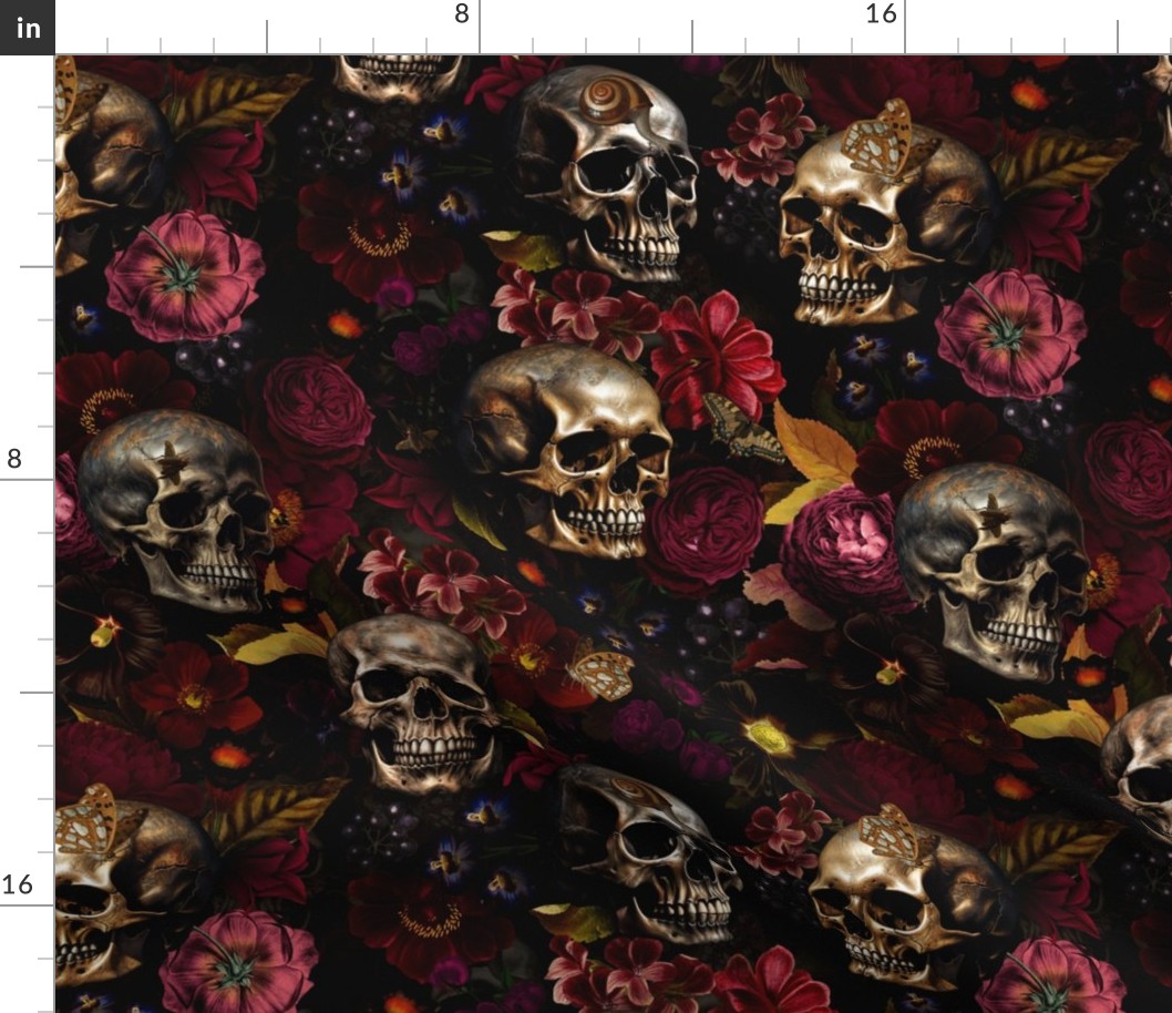 14" Antique Nightfall: A Vintage Floral halloween aesthetic goth wallpaper Pattern with Skulls and Mystical Elements on Black 