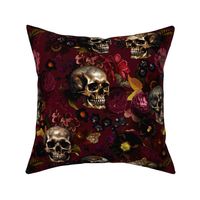 Antique Nightfall: A Vintage Floral halloween aesthetic goth wallpaper Pattern with Skulls and Mystical  Hand Painted Dark Red English Rose Flowers on dark red 