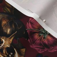 Antique Nightfall: A Vintage Floral halloween aesthetic goth wallpaper Pattern with Skulls and Mystical  Hand Painted Dark Red English Rose Flowers on dark red 