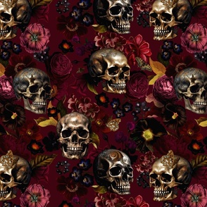 Antique Nightfall: A Vintage Floral halloween aesthetic goth wallpaper Pattern with Skulls and Mystical  Hand Painted Dark Red English Rose Flowers on dark red 