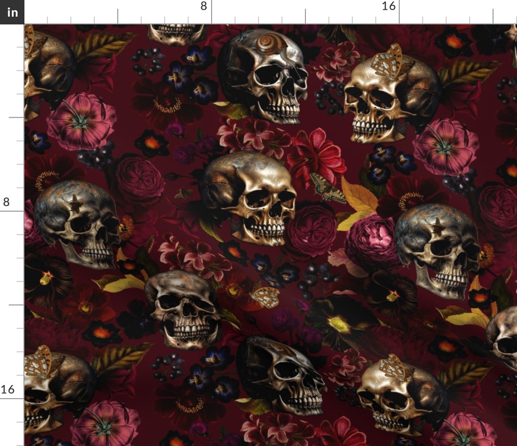 Antique Nightfall: A Vintage Floral halloween aesthetic goth wallpaper Pattern with Skulls and Mystical  Hand Painted Dark Red English Rose Flowers on dark red 