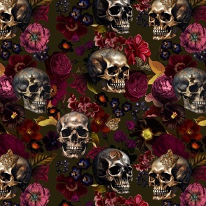 Antique Nightfall: A Vintage Floral halloween aesthetic goth wallpaper Pattern with Skulls and Mystical  Hand Painted Dark Red English Rose Flowers on dark green