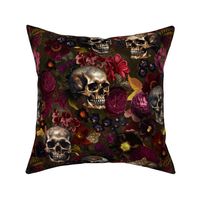 Antique Nightfall: A Vintage Floral halloween aesthetic goth wallpaper Pattern with Skulls and Mystical  Hand Painted Dark Red English Rose Flowers on dark green