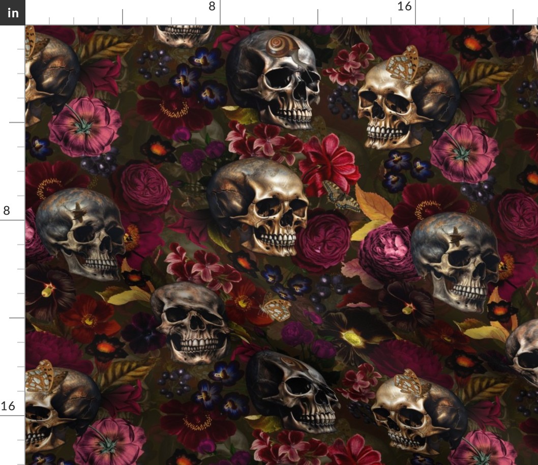 Antique Nightfall: A Vintage Floral halloween aesthetic goth wallpaper Pattern with Skulls and Mystical  Hand Painted Dark Red English Rose Flowers on dark green