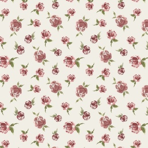 Magenta & Fondant Pink Watercolor Flower Fabric Scattered Peonies on Light Beige