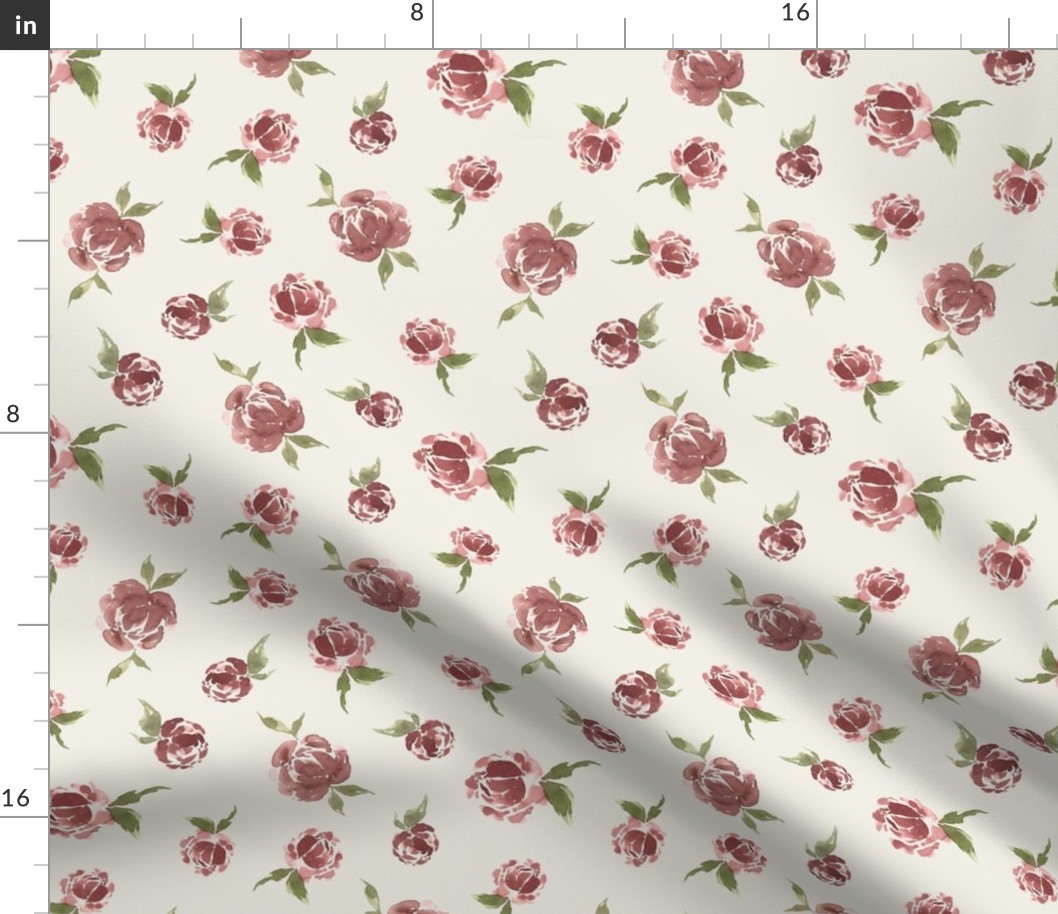 Magenta & Fondant Pink Watercolor Flower Fabric Scattered Peonies on Light Beige