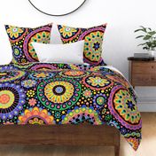 Happy Birthday- Multidirectional Folk Art Floral Table Runner- Colorful Mandalas- Multicolored Geometric Floral- Rainbow Colors Wallpaper- Black Background- Extra Large- Jumbo