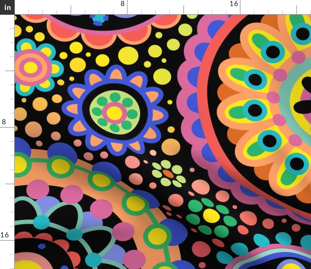 Happy Birthday- Multidirectional Folk Art Floral Table Runner- Colorful Mandalas- Multicolored Geometric Floral- Rainbow Colors Wallpaper- Black Background- Extra Large- Jumbo