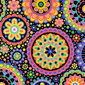 Happy Birthday- Multidirectional Folk Art Floral Table Runner- Colorful Mandalas- Multicolored Geometric Floral- Rainbow Colors Wallpaper- Black Background- Medium