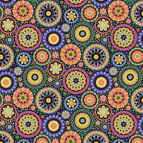 Happy Birthday- Multidirectional Folk Art Floral Table Runner- Colorful Mandalas- Multicolored Geometric Floral- Rainbow Colors Wallpaper- Black Background- sMini