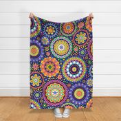 Happy Birthday- Multidirectional Folk Art Floral Table Runner- Colorful Mandalas- Multicolored Geometric Floral- Rainbow Colors Wallpaper- Indigo Blue Background- Extra Large- Jumbo