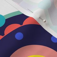 Happy Birthday- Multidirectional Folk Art Floral Table Runner- Colorful Mandalas- Multicolored Geometric Floral- Rainbow Colors Wallpaper- Indigo Blue Background- Extra Large- Jumbo