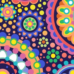 Happy Birthday- Multidirectional Folk Art Floral Table Runner- Colorful Mandalas- Multicolored Geometric Floral- Rainbow Colors Wallpaper- Indigo Blue Background- Extra Large- Jumbo
