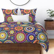 Happy Birthday- Multidirectional Folk Art Floral Table Runner- Colorful Mandalas- Multicolored Geometric Floral- Rainbow Colors Wallpaper- Indigo Blue Background- Large