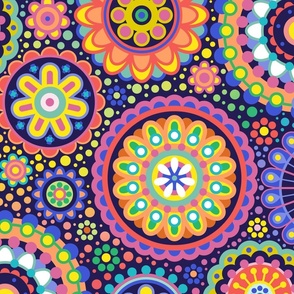 Happy Birthday- Multidirectional Folk Art Floral Table Runner- Colorful Mandalas- Multicolored Geometric Floral- Rainbow Colors Wallpaper- Indigo Blue Background- Medium