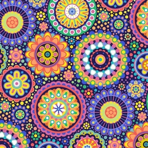 Happy Birthday- Multidirectional Folk Art Floral Table Runner- Colorful Mandalas- Multicolored Geometric Floral- Rainbow Colors Wallpaper- Indigo Blue Background- Small