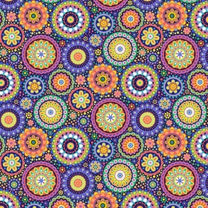 Happy Birthday- Multidirectional Folk Art Floral Table Runner- Colorful Mandalas- Multicolored Geometric Floral- Rainbow Colors Wallpaper- Indigo Blue Background- Mini