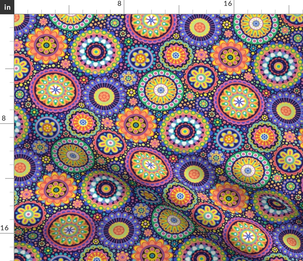 Happy Birthday- Multidirectional Folk Art Floral Table Runner- Colorful Mandalas- Multicolored Geometric Floral- Rainbow Colors Wallpaper- Indigo Blue Background- Mini
