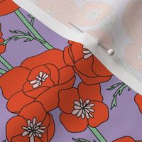 Springtime poppy flowers - blossom garden in vintage style flower branches on stem red mint lilac retro palette