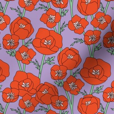 Springtime poppy flowers - blossom garden in vintage style flower branches on stem red mint lilac retro palette