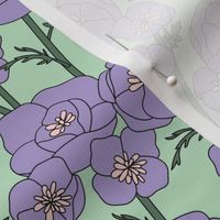 Springtime poppy flowers - blossom garden in vintage style flower branches on stem lilac purple green on mint