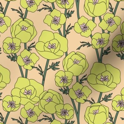 Springtime poppy flowers - blossom garden in vintage style flower branches on stem nineties palette lime green on soft sand