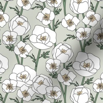 Springtime poppy flowers - blossom garden in vintage style flower branches on stem nineties palette sage white green