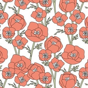 Springtime poppy flowers - blossom garden in vintage style flower branches on stem nineties palette coral blush red sage on white