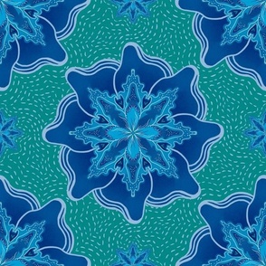 Flowing mandala flowers with Shashiko effect faux stitches in dependable blue and green hues 12” repeat in diagonal half drop grid