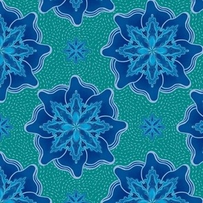 Flowing mandala flowers with Shashiko effect faux stitches in dependable blue and green hues 6” repeat in diagonal half drop grid