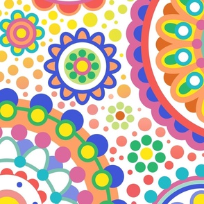 Happy Birthday- Multidirectional Folk Art Floral Table Runner- Colorful Mandalas- Multicolored Geometric Floral- Rainbow Colors Wallpaper- White Background- Extra Large- Jumbo
