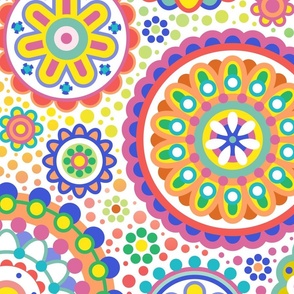 Happy Birthday- Multidirectional Folk Art Floral Table Runner- Colorful Mandalas- Multicolored Geometric Floral- Rainbow Colors Wallpaper- White Background- Large