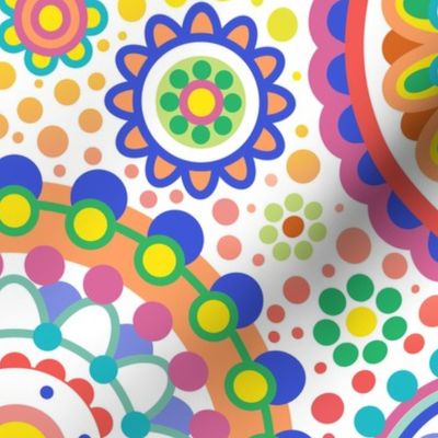 Happy Birthday- Multidirectional Folk Art Floral Table Runner- Colorful Mandalas- Multicolored Geometric Floral- Rainbow Colors Wallpaper- White Background- Medium