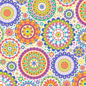 Happy Birthday- Multidirectional Folk Art Floral Table Runner- Colorful Mandalas- Multicolored Geometric Floral- Rainbow Colors Wallpaper- White Background- Small