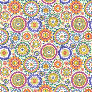 Happy Birthday- Multidirectional Folk Art Floral Table Runner- Colorful Mandalas- Multicolored Geometric Floral- Rainbow Colors Wallpaper- White Background- Mini