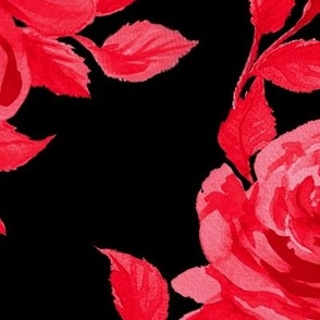 Victorian Watercolor Roses Red on Black Large