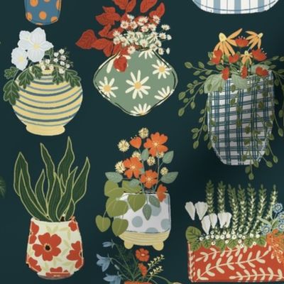 Patterned Pots (Regular), Hand Drawn Plants, Plants in Patterned Pots, Colorful Flowers, Polka Dots, Stripes, Checkered, Plaid, Floral and Leaves, Vibrant Home Decor, Flower Illustrations, Red and White, Yellow and Orange, Green and Blue, Whimsical and Pl
