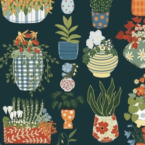 Patterned Pots (Large), Hand Drawn Plants, Plants in Patterned Pots, Colorful Flowers, Polka Dots, Stripes, Checkered, Plaid, Floral and Leaves, Vibrant Home Decor, Flower Illustrations, Red and White, Yellow and Orange, Green and Blue, Whimsical and Play
