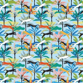 Vibrant Tropical Jungle with Big Cats - Cheerful Wilderness on Sky Blue / Medium