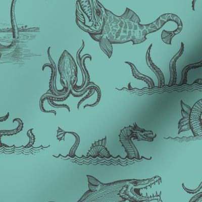 Sea Monster Line Art in Haint Blue & Charcoal