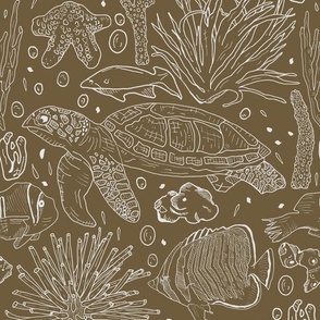 Hand Drawn Ocean Turtles, Fish And Coral White On Olive Green Medium
