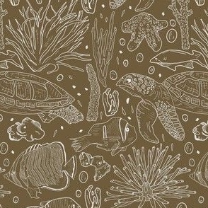 Hand Drawn Ocean Turtles, Fish And Coral White On Olive Green Small