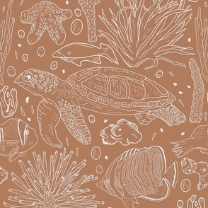Hand Drawn Ocean Turtles, Fish And Coral White On Salmon Pink Medium